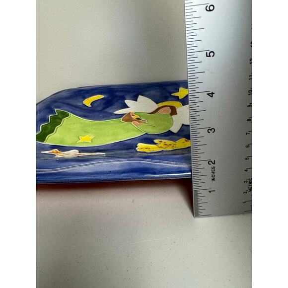 Angel Hand Painted Pottery Platter Wall Hanger 13” Harvest Angel Star Moon Birds - Picture 5 of 9
